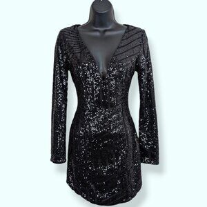 Black Sequin Deep V Fitted Mini Dress